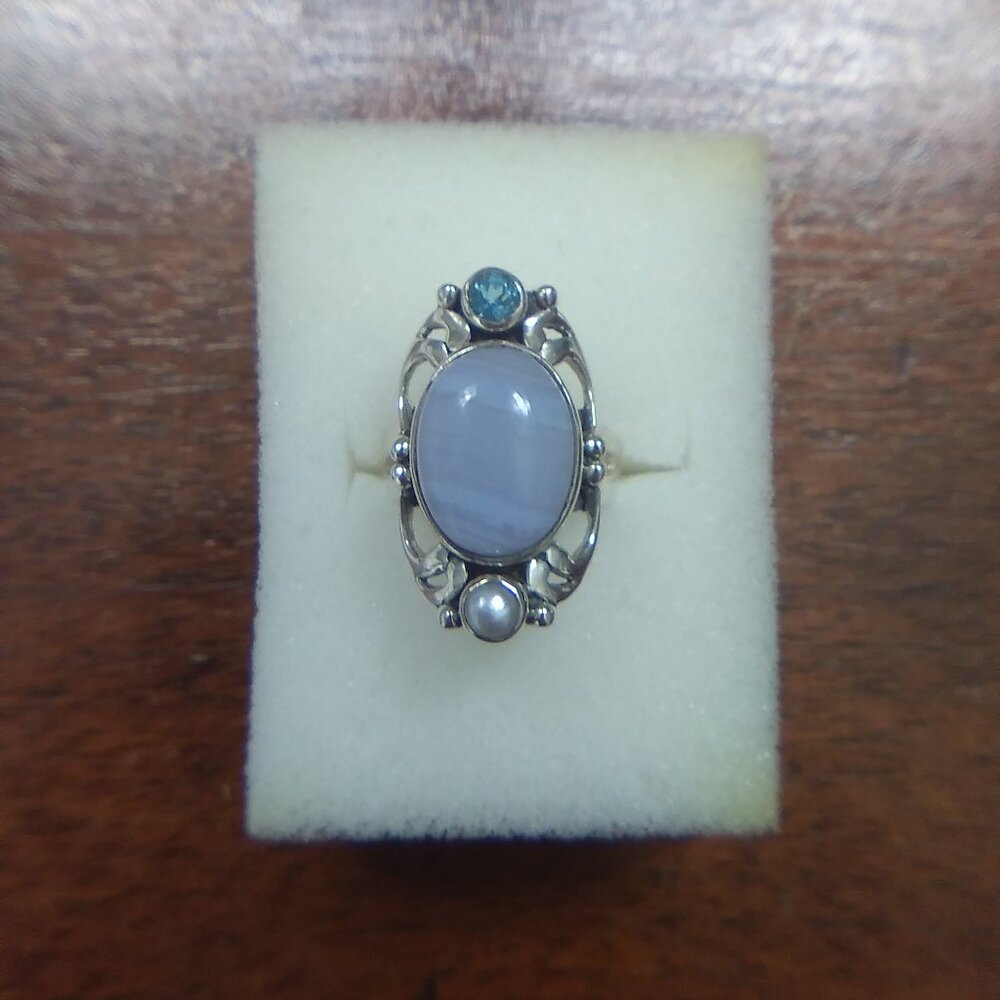 Blue Lace Agate Statement Silver Ring - image 1